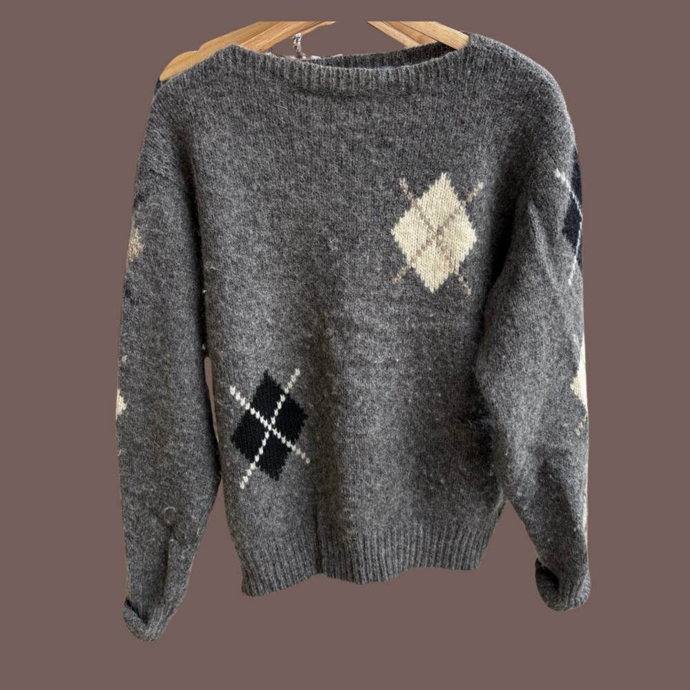 Robert Stock Wool Sweater | Gray Argyle | Size L | Vintage